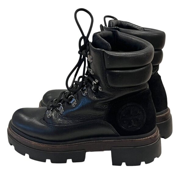 Tory Burch Miller Black Leather Suede Logo Lug Hiker Moto Ankle Boots - Picture 3 of 16